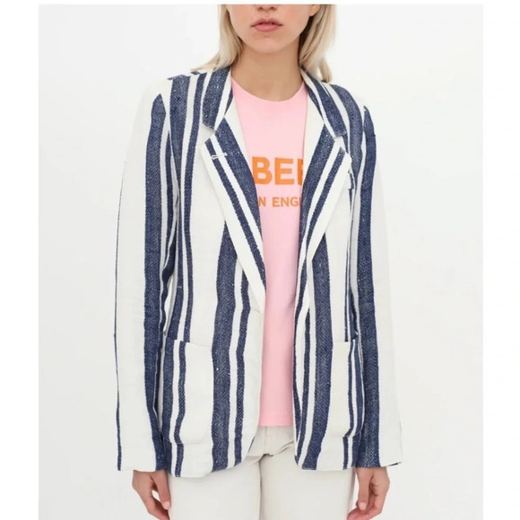 Smythe Blazer 100% Linen Lined Navy Stripe Nautical - Picture 1 of 9